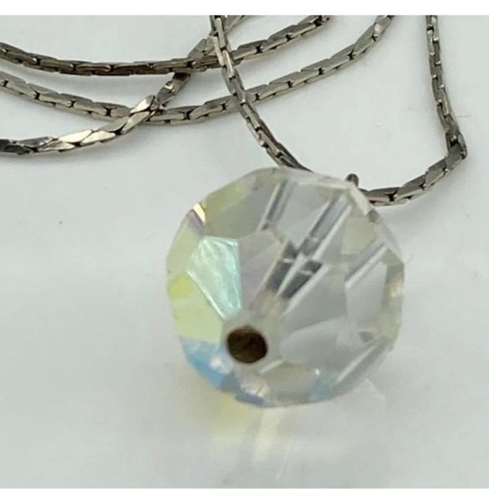 Iridescent Crystal Pendant Necklace Silver Vintage Aurora Borealis AB Pendant - Picture 2 of 7